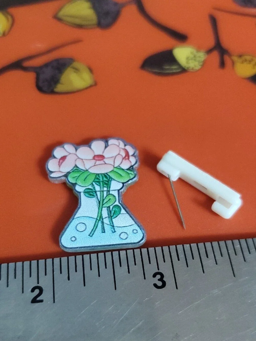 Floral Beaker Acrylic Pin - Pink Flowers & Green Leaves